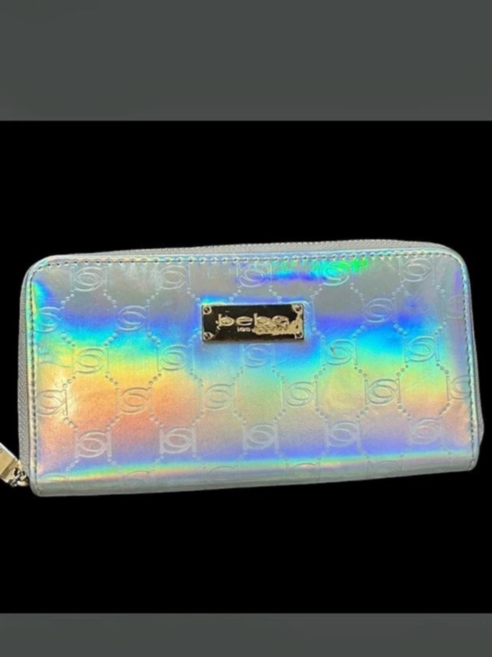 Bebe Holographic Zip-Around Wallet in Silver